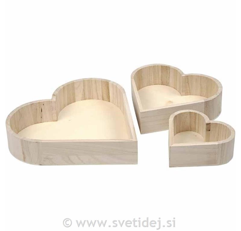 Lesene škatlice srčki 13-25 cm, set 3