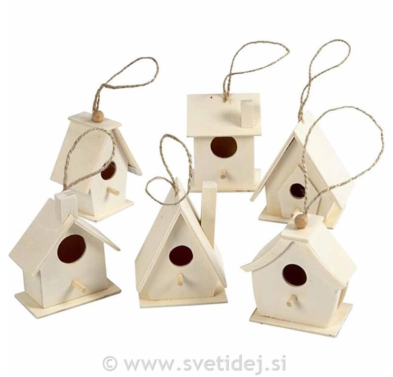 Ptičje hišice lesene, 7 cm, set 6